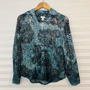 Chicos Teal Blue Boho Paisley Animal Print Burnout Button Down Blouse Sz 0 S
